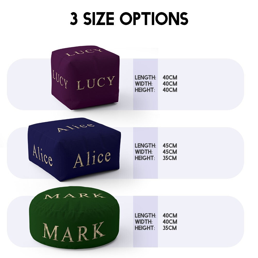 Personalised Any Name Vector Gold Coloured Ottoman Filled Pouffe Washable Cover