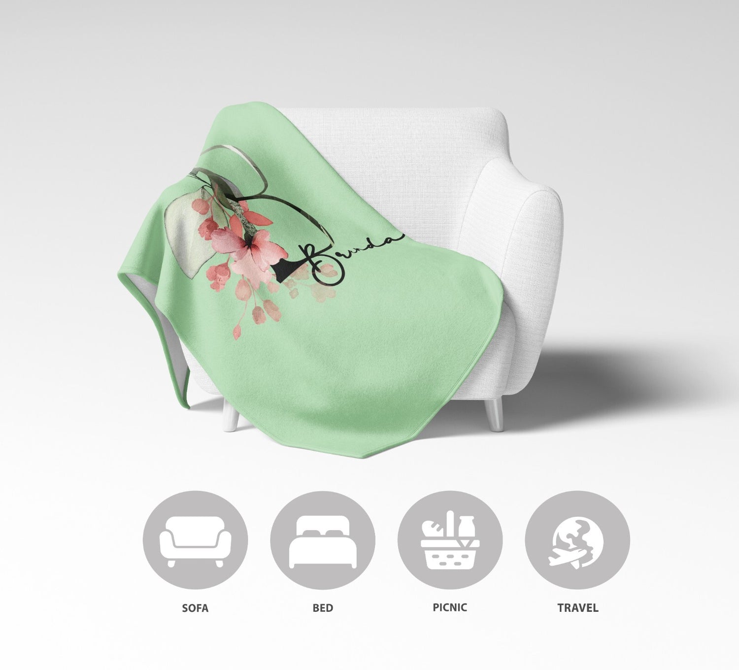 Personalised Name Botanical Blush Initial Letter Soft Warm Fleece Blanket Decor