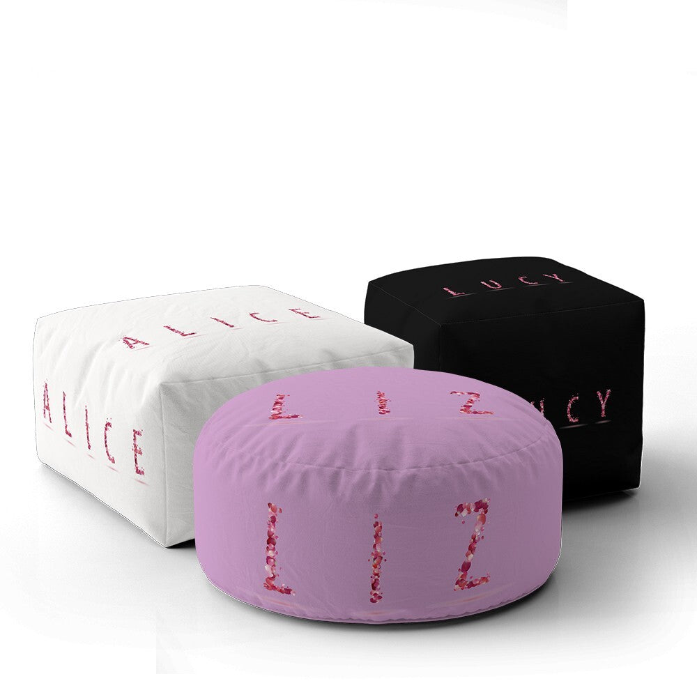 Personalised Any Name Pink Rose Petals Ottoman Filled Pouffe Inc Washable Cover