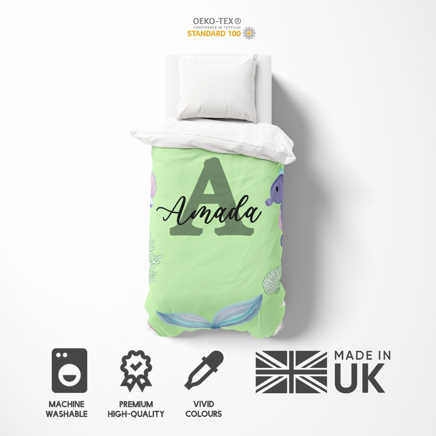 Personalised Name Mermaid Tail Monogram Font Single Bed Duvet Cover + Pillowcase