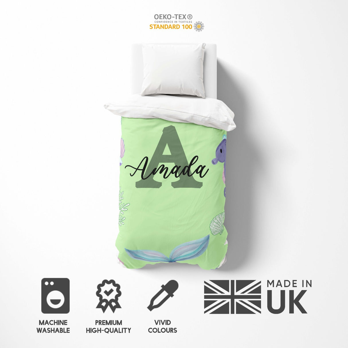 Personalised Name Mermaid Tail Monogram Font Single Bed Duvet Cover + Pillowcase