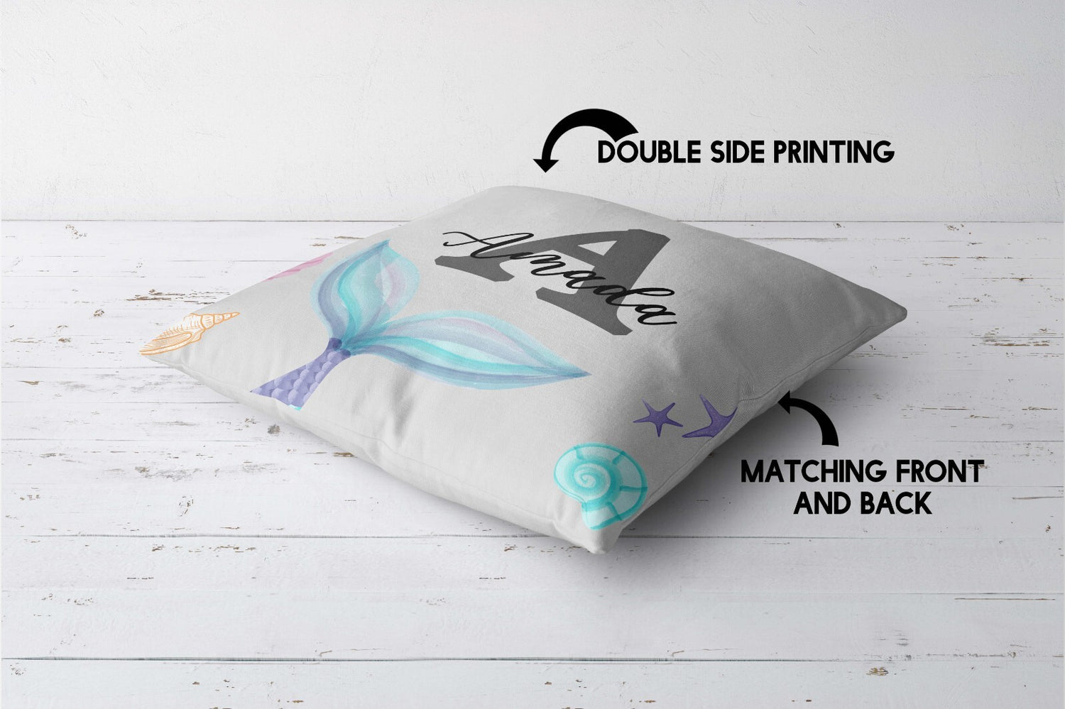 Personalised Name Colour Mermaid Tail Monogram Square Fill Zipped Cushion Throw