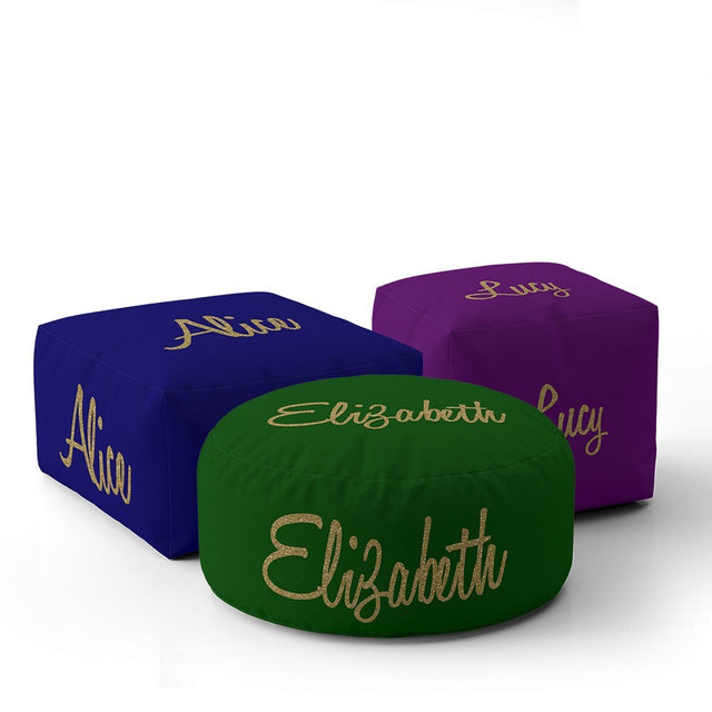 Personalised Name Gold Glitter Font Kids Ottoman Filled Pouffe Washable Cover