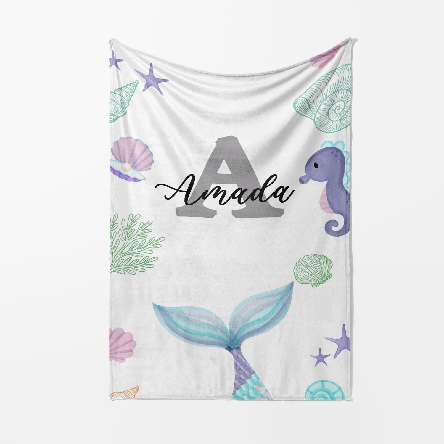 Personalised Name Colour Mermaid Tail Monogram Kids Soft Fleece Blanket Decor