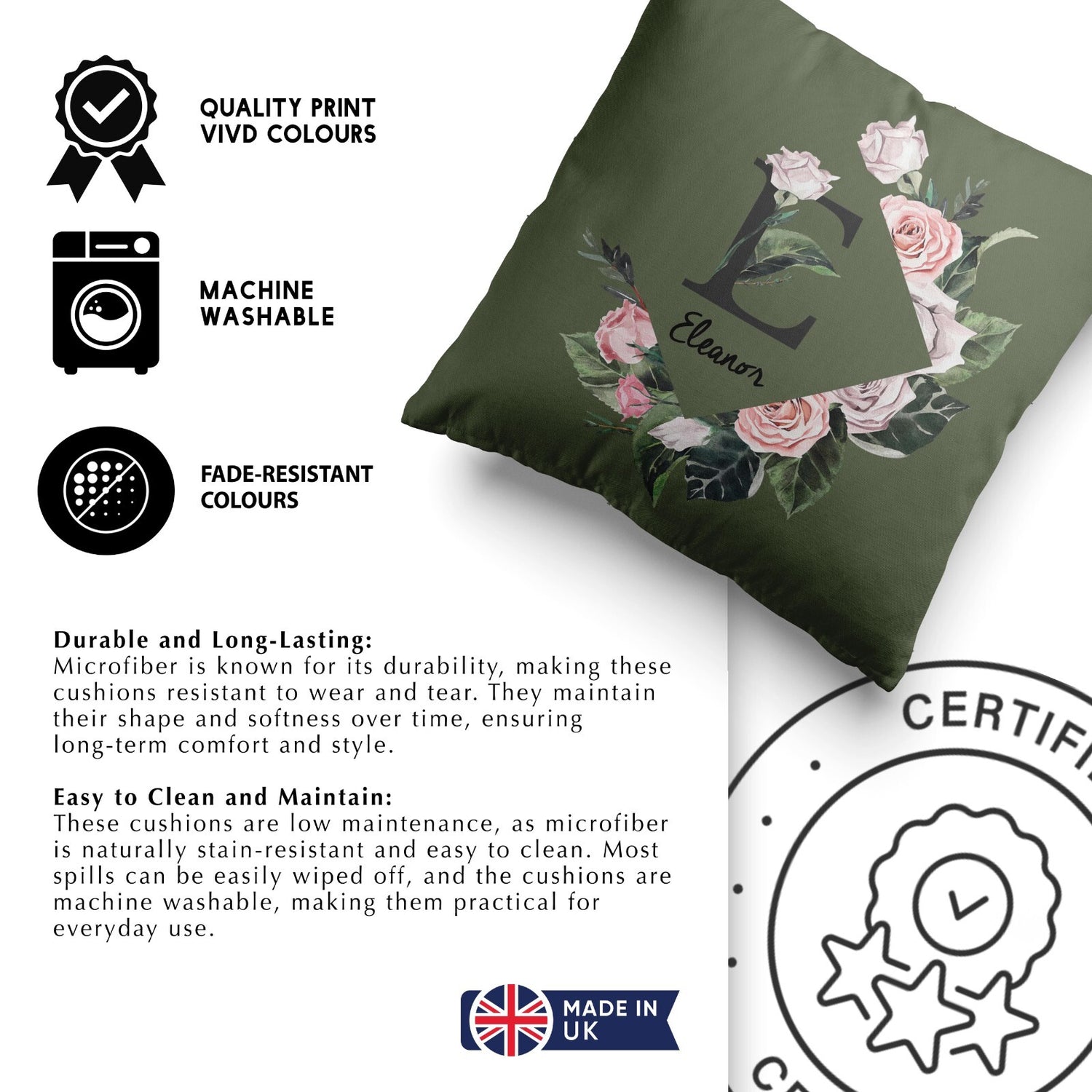 Personalised Name Botanical Floral Initial Letters Square Fill Zip Cushion Throw