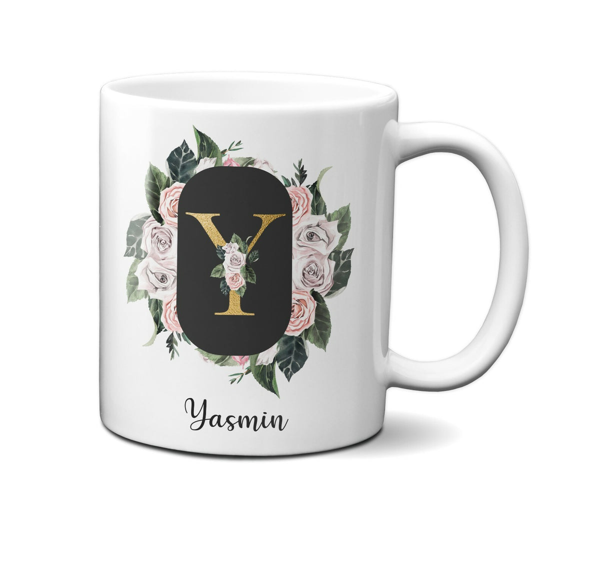 Personalised Floral Frame Gold Floral Name Initial Letter Mug Gift 11oz Ceramic