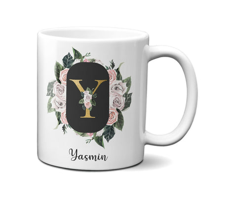 Personalised Floral Frame Gold Floral Name Initial Letter Mug Gift 11oz Ceramic