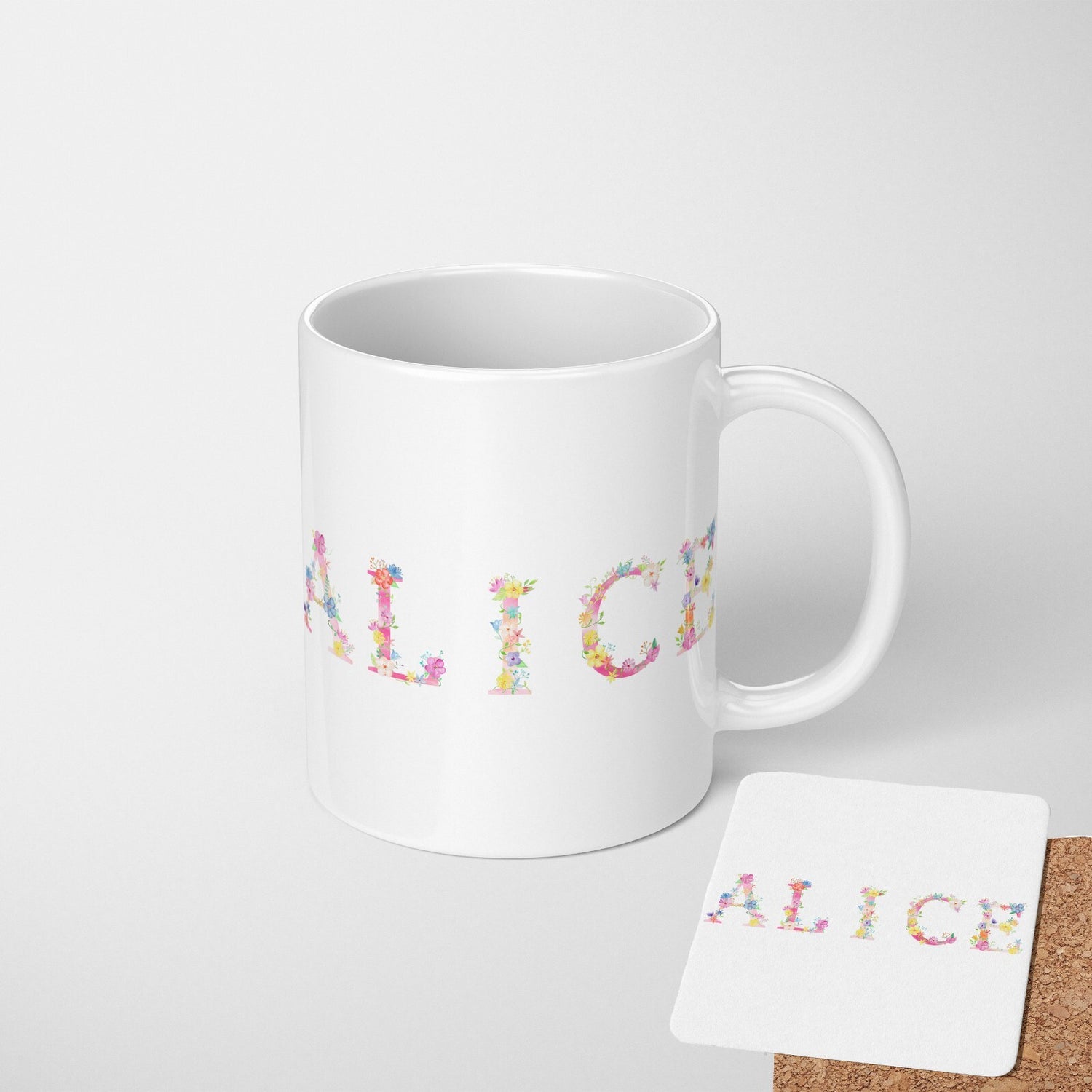 Personalised Pink Floral Alphabet Print Coffee Tea Mug Coaster Gift Him Her Girl