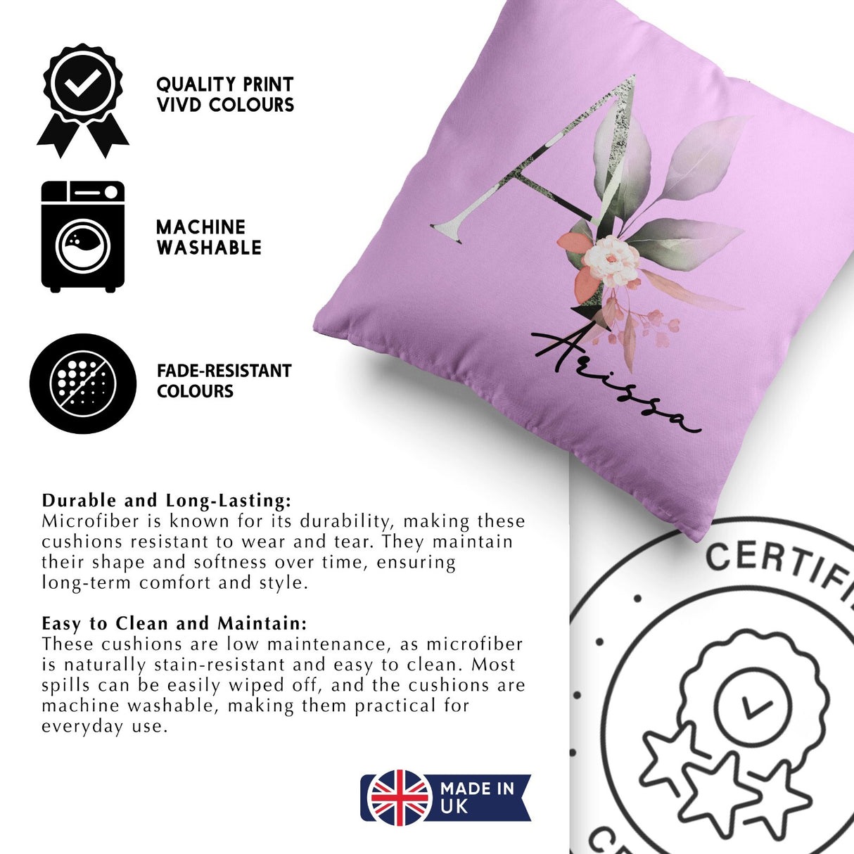 Personalised Name Botanical Blush Initial Letters Square Fill Zip Cushion Throw