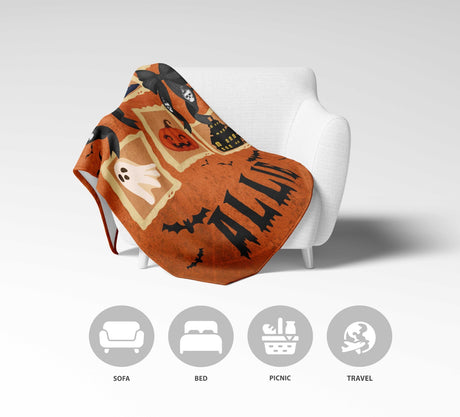 Halloween Spooky Personalised Name Printed Warm Fleece Blanket Decor Soft Gift