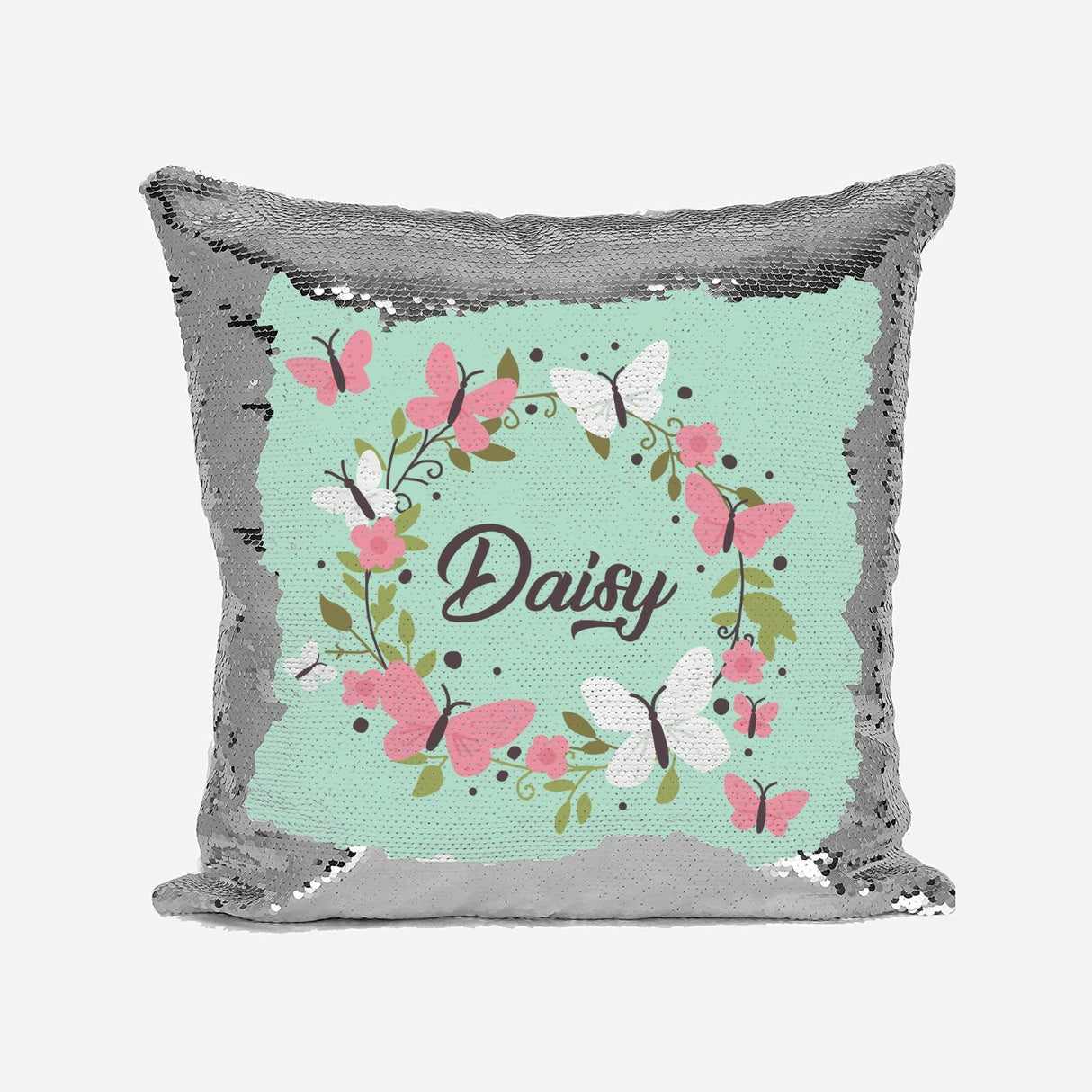 Personalised Name Shiny Sequin Magic Butterfly Floral Cushion Cover + Pillow