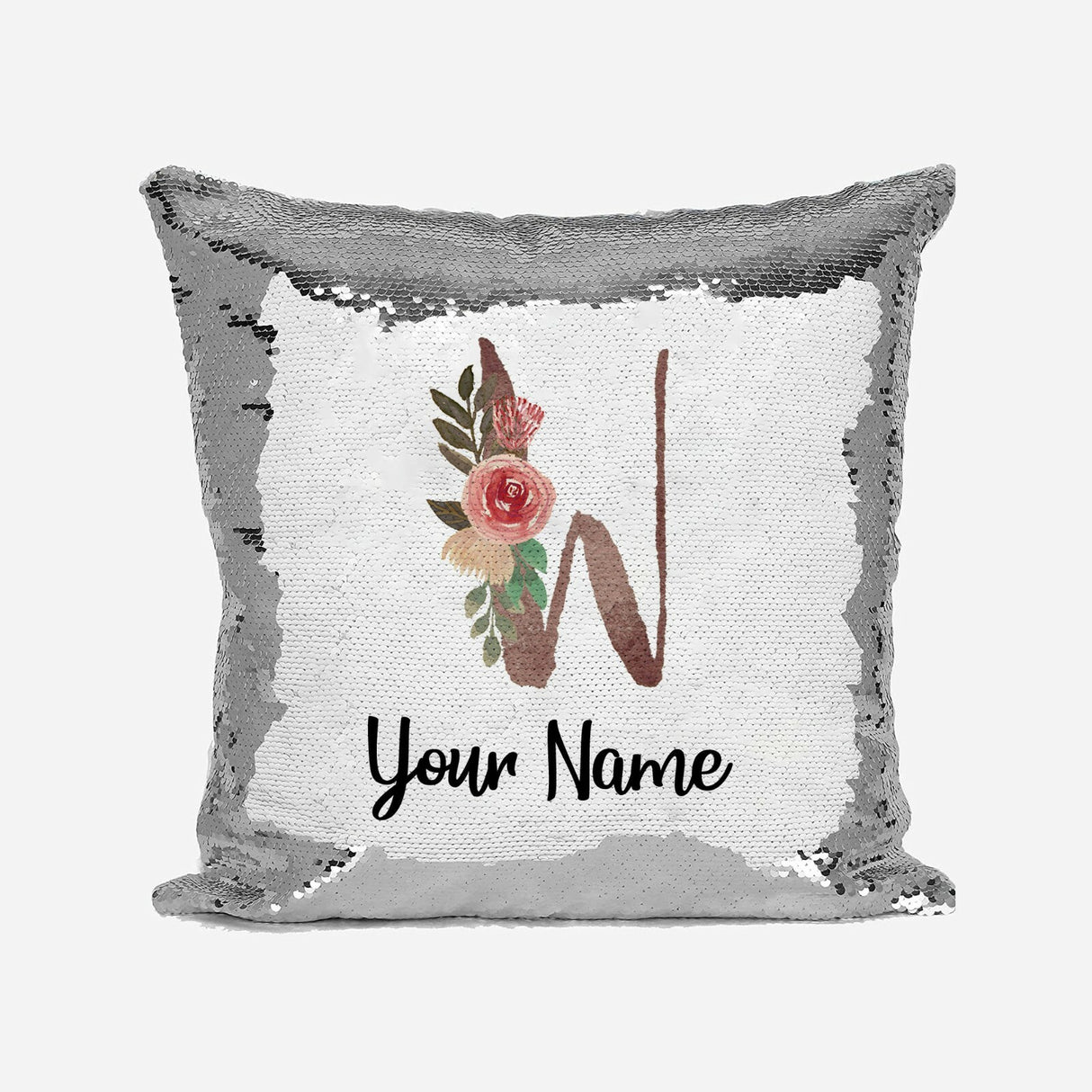 Personalised Floral Watercolour Effect Alphabet Sequin Magic Cushion + Pillow