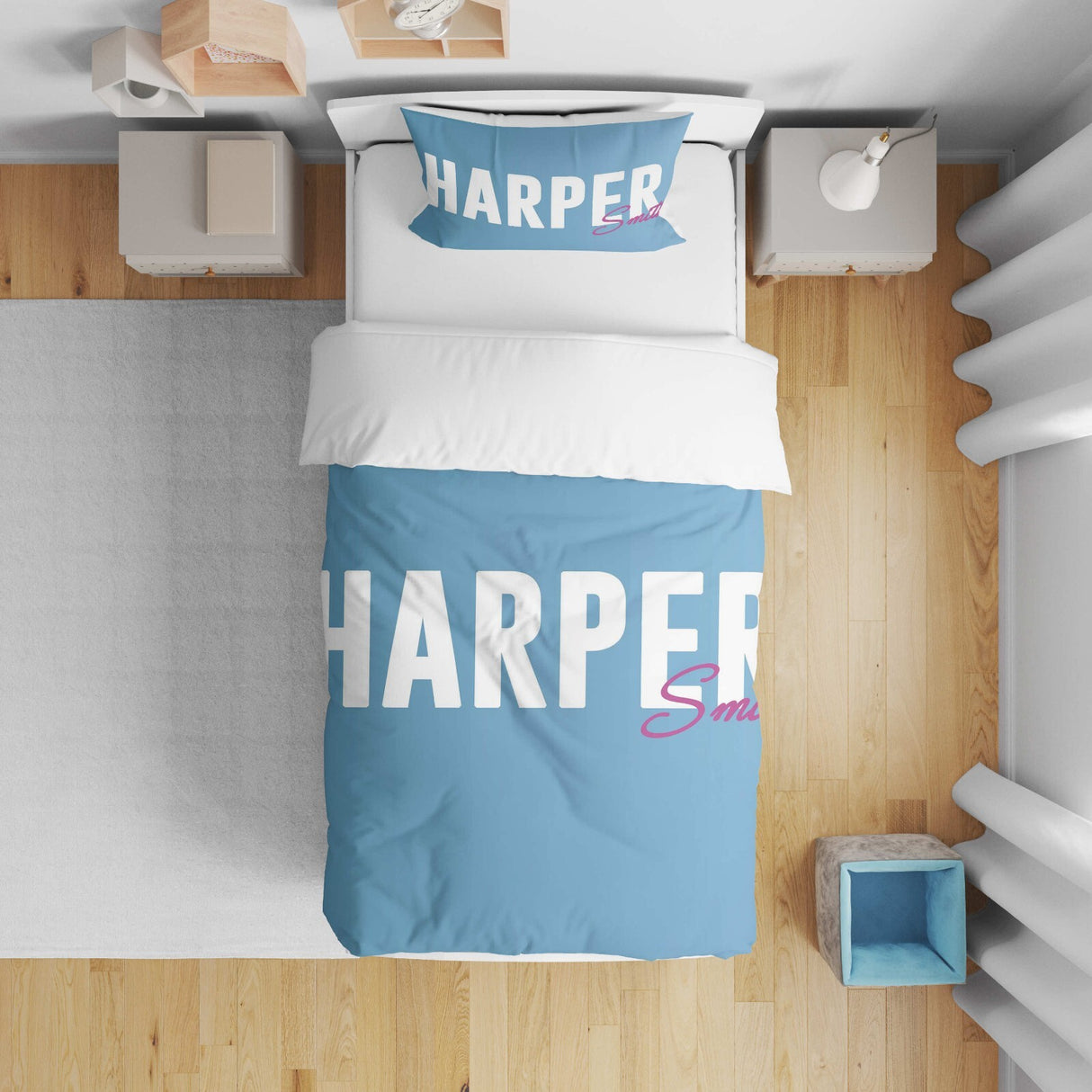 Personalised Name Gradient Two Tone Colour Kids Cot Bed Duvet Cover + Pillowcase