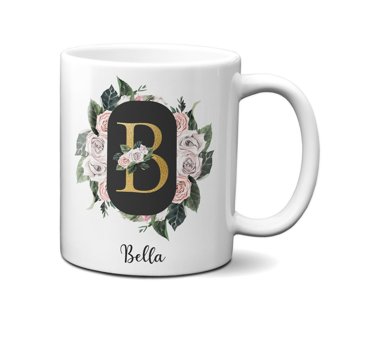 Personalised Floral Frame Gold Floral Name Initial Letter Mug Gift 11oz Ceramic