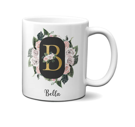 Personalised Floral Frame Gold Floral Name Initial Letter Mug Gift 11oz Ceramic