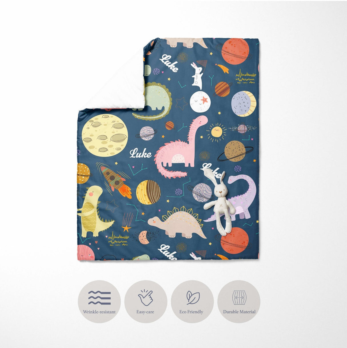 Personalised Name Cartoon Baby Dinosaur Kids Cot Bed Duvet Cover + Pillowcase