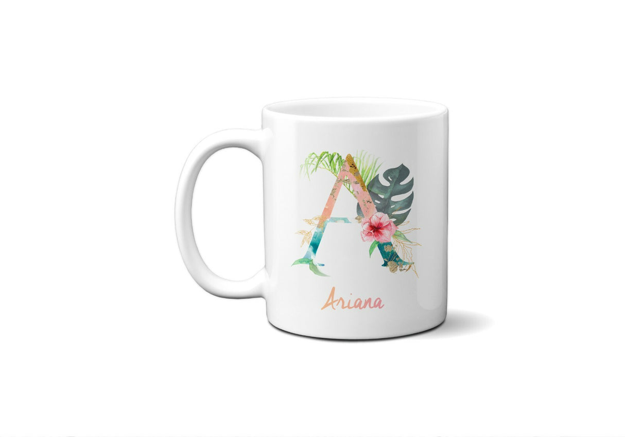 Tropical Alphabet Exotic Floral Name Initial Letter Coffee Mug Gift 11oz Ceramic