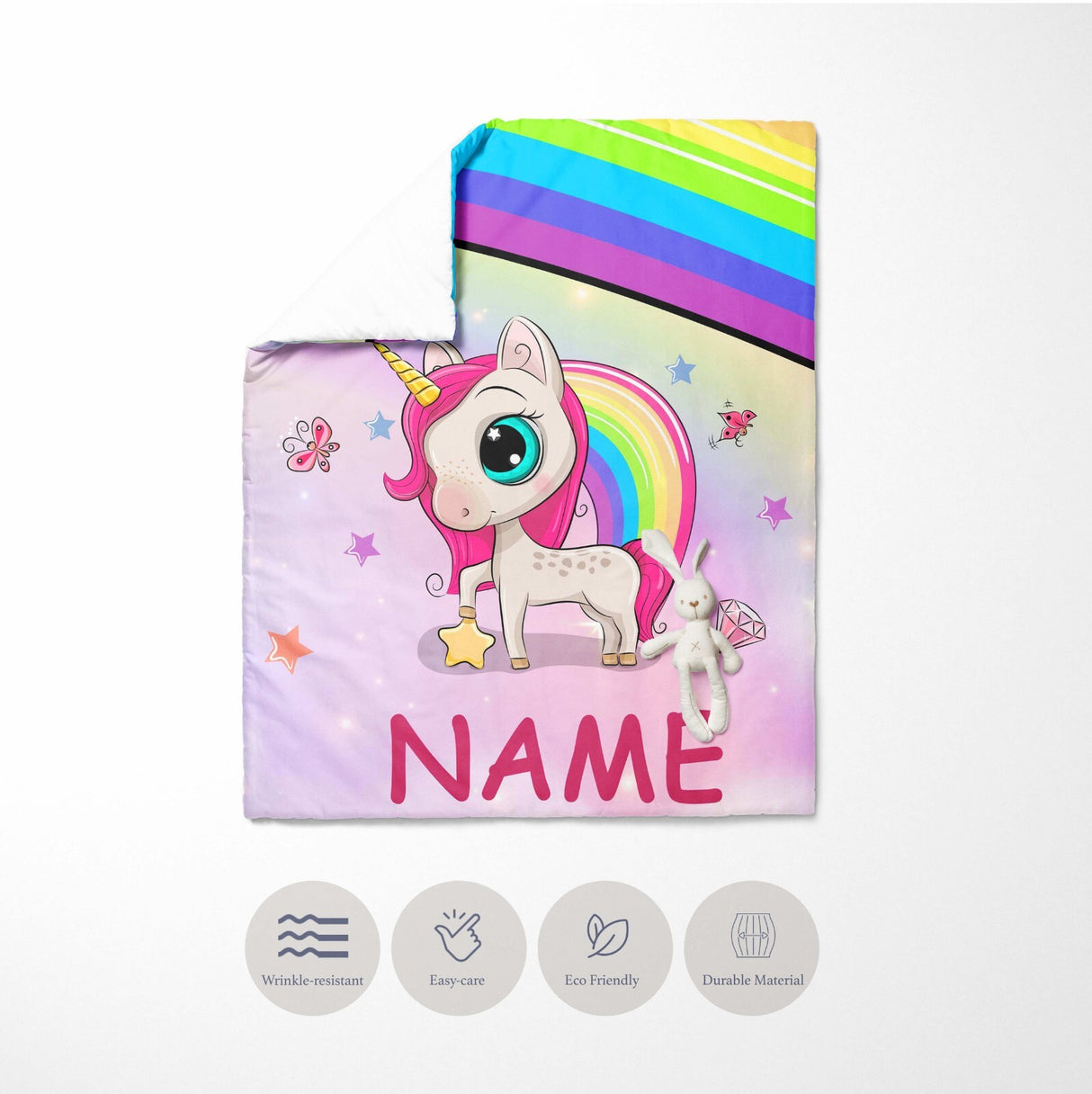 Personalised Name Unicorn Rainbow Mythical Kids Cot Bed Duvet Cover + Pillowcase