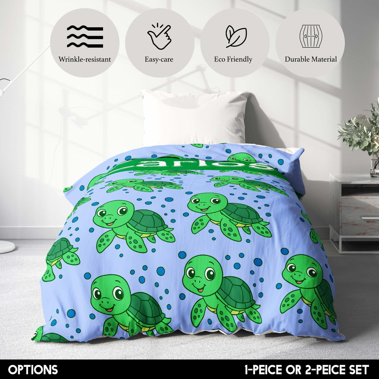 Personalised Custom Name Cartoon Baby Turtle Single Bed Duvet Cover + Pillowcase