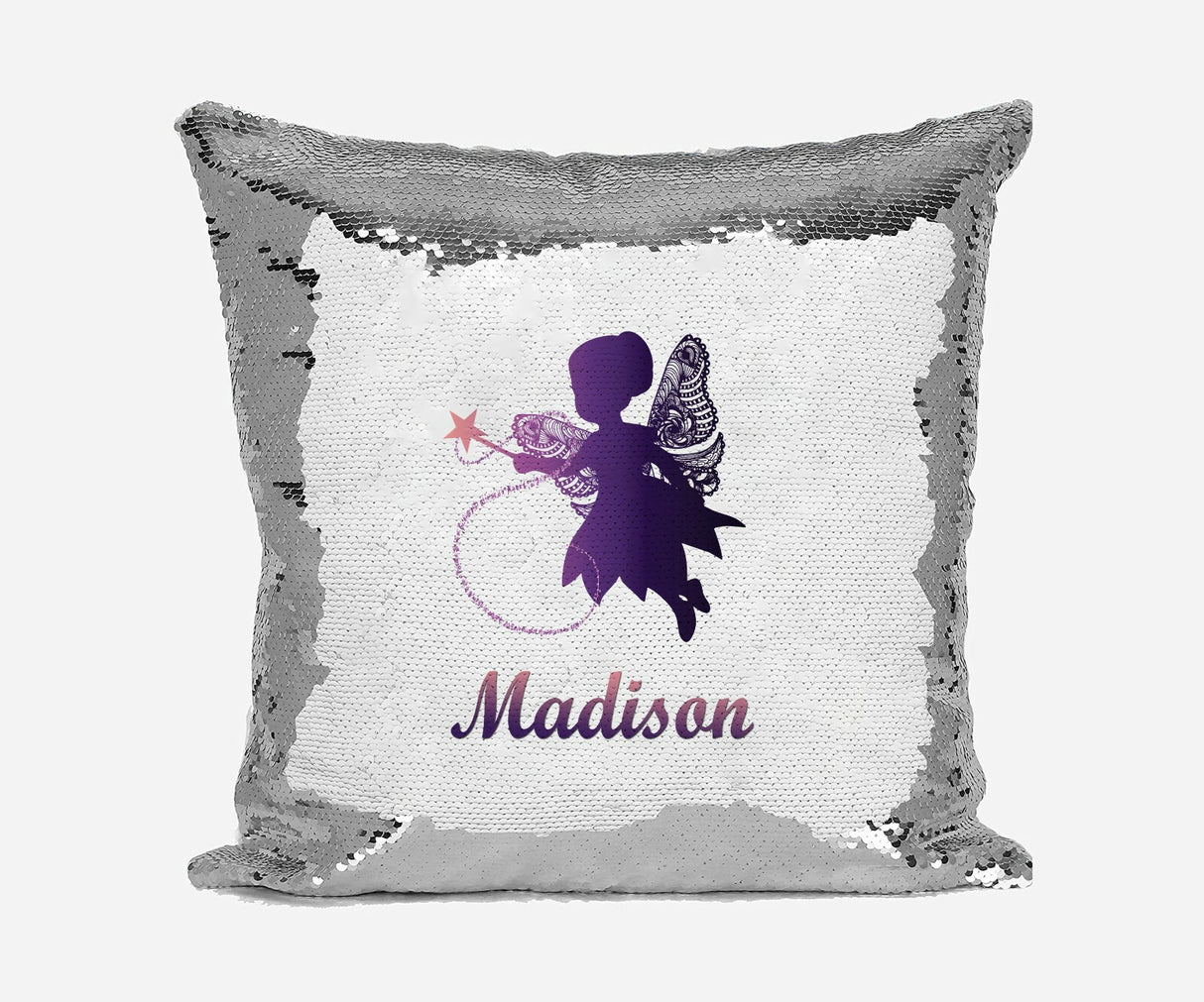 Personalised Name Shiny Sequin Magic Purple Fairy Cushion Cover + Pillow
