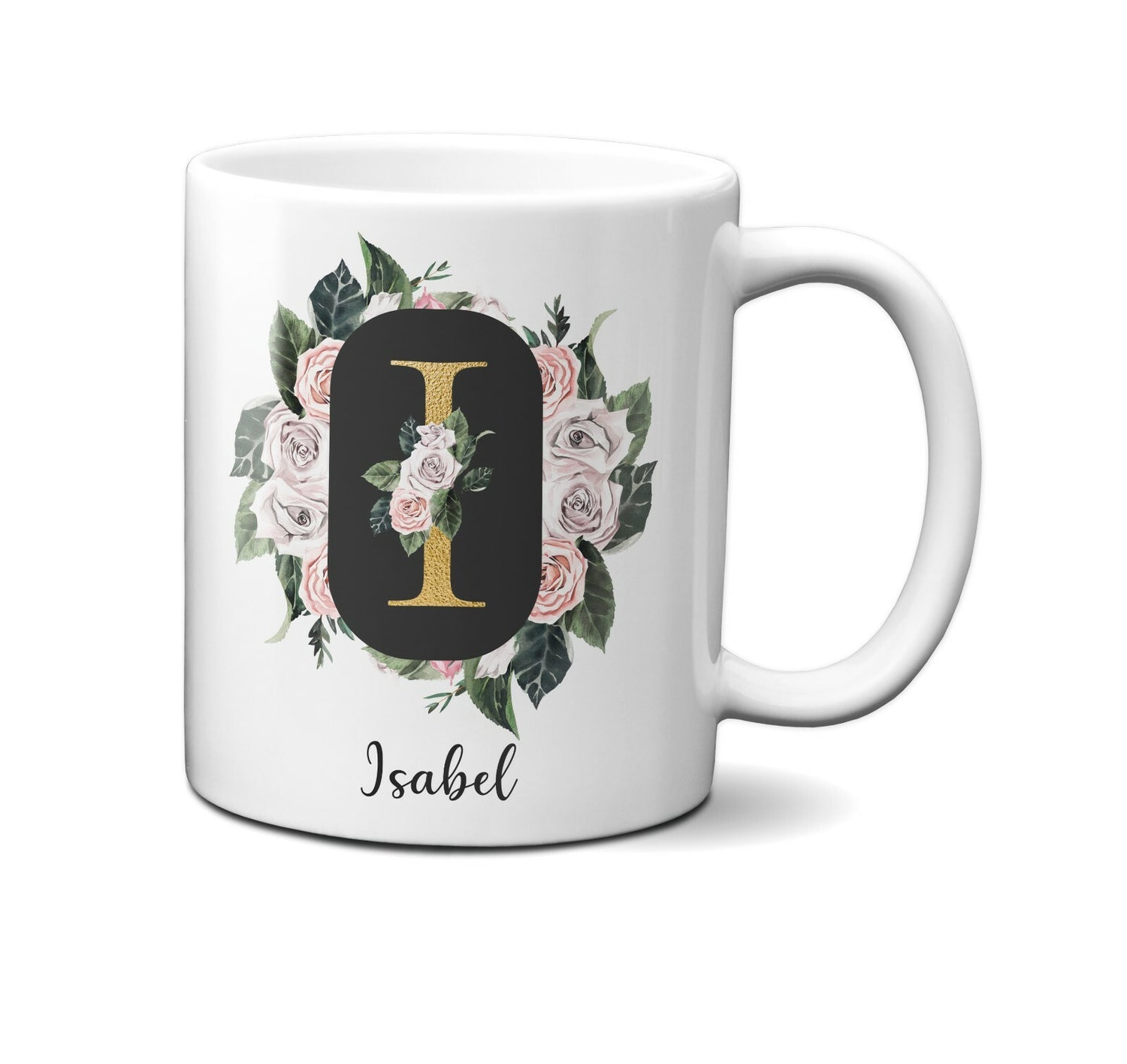 Personalised Floral Frame Gold Floral Name Initial Letter Mug Gift 11oz Ceramic