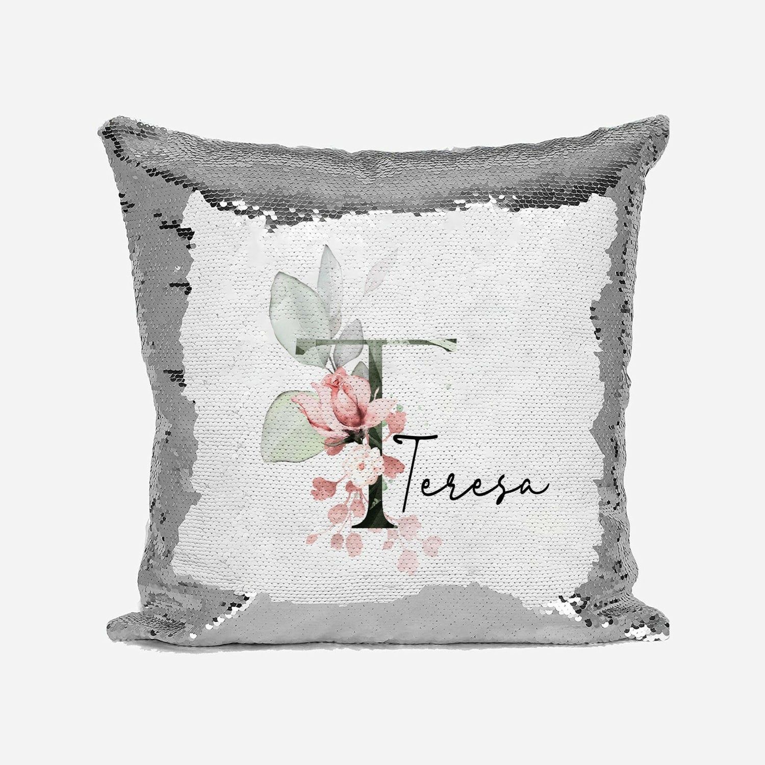 Personalised Gentle Botanical Blush Sequin Magic Cushion Cover + Pillow Kids