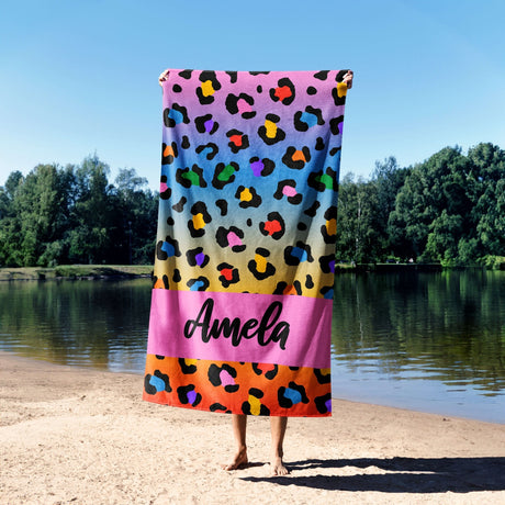 Personalised Name Leopard Print Multi Spot Soft Absorbent Beach Bath Sheet Towel