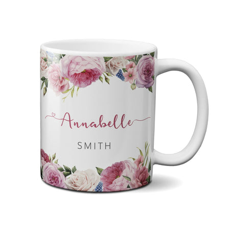 Personalised Name Vintage Floral Rose Border Coffee Mug Gift 11oz Ceramic