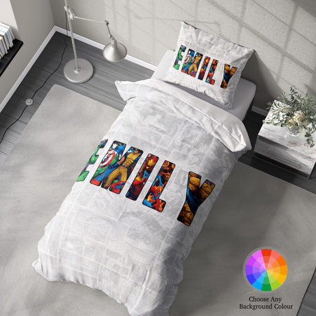 Personalised Superhero Name Text Printed Kids Single Novelty Bed Duvet Cover Set