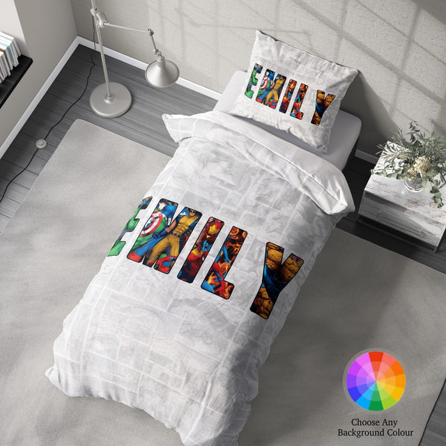 Personalised Superhero Name Text Printed Kids Single Novelty Bed Duvet Cover Set
