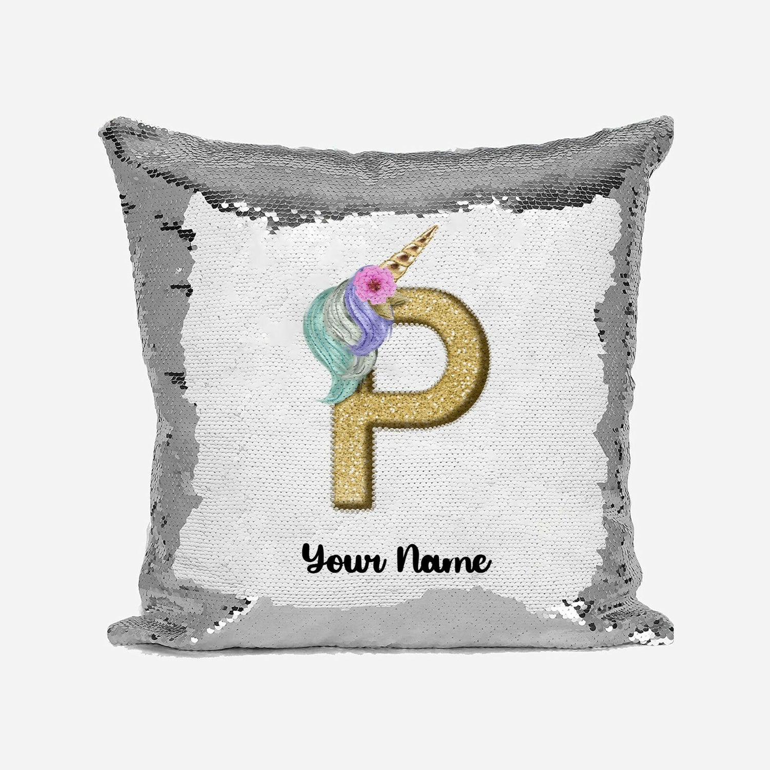 Personalised Unicorn Sparkly Monogram Alphabet Sequin Magic Cushion Cover+Pillow