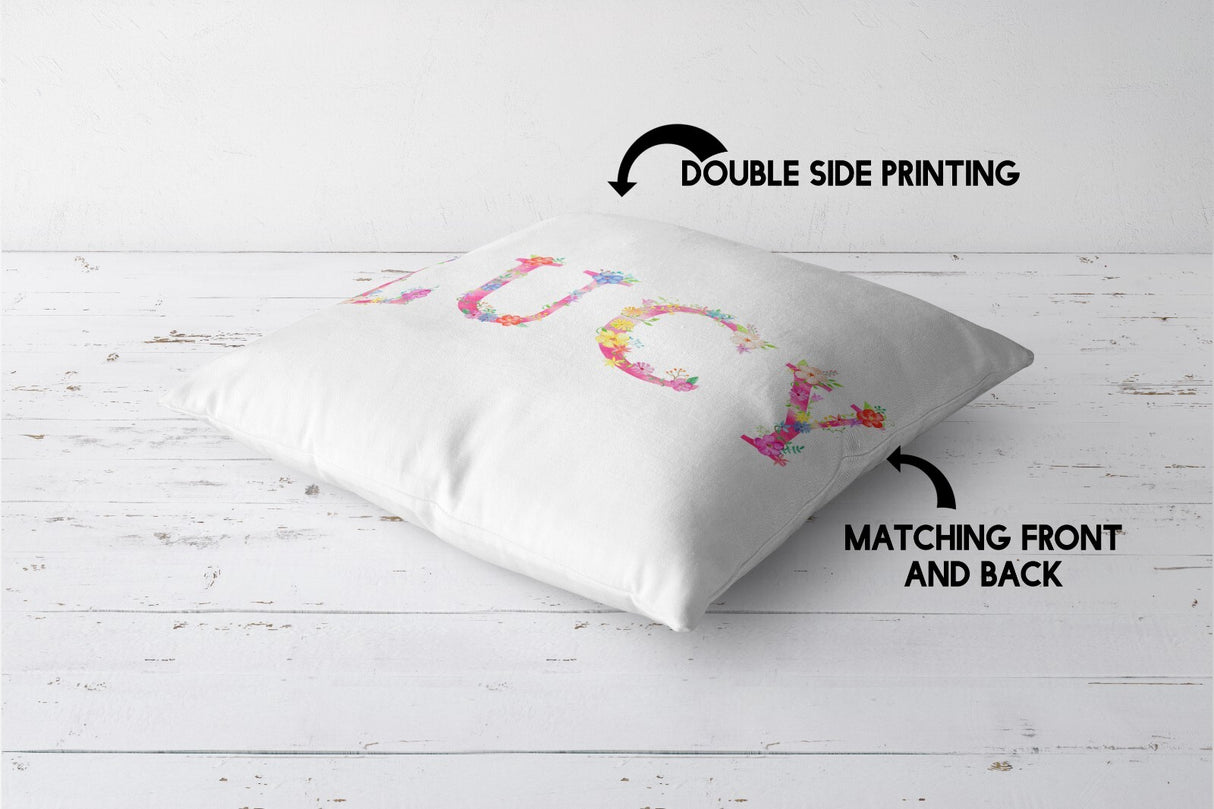 Personalised Pink Floral Alphabet Print Soft Square Filled Cushion Throw Decor