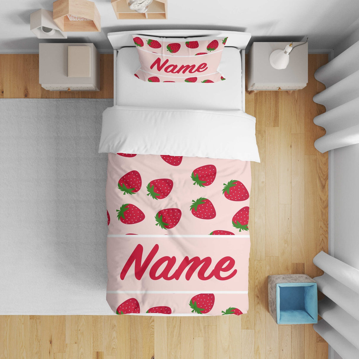 Personalised Custom Name Colour Strawberry Kids Cot Bed Duvet Cover + Pillowcase