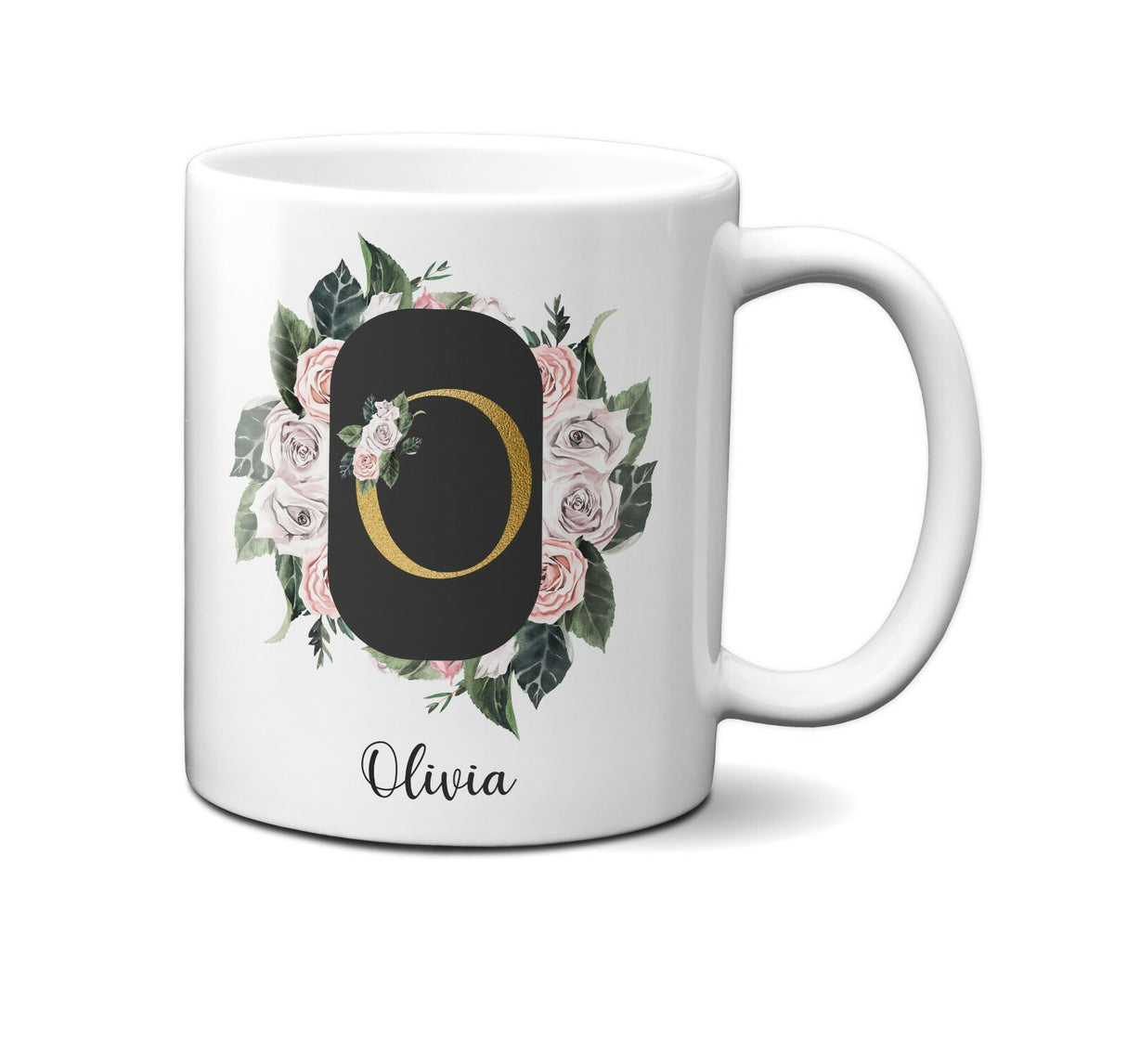 Personalised Floral Frame Gold Floral Name Initial Letter Mug Gift 11oz Ceramic