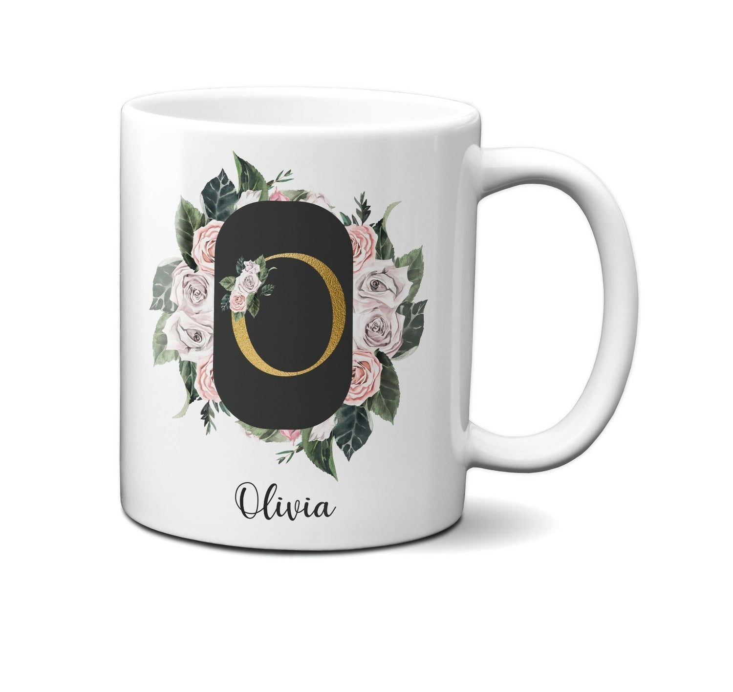 Personalised Floral Frame Gold Floral Name Initial Letter Mug Gift 11oz Ceramic