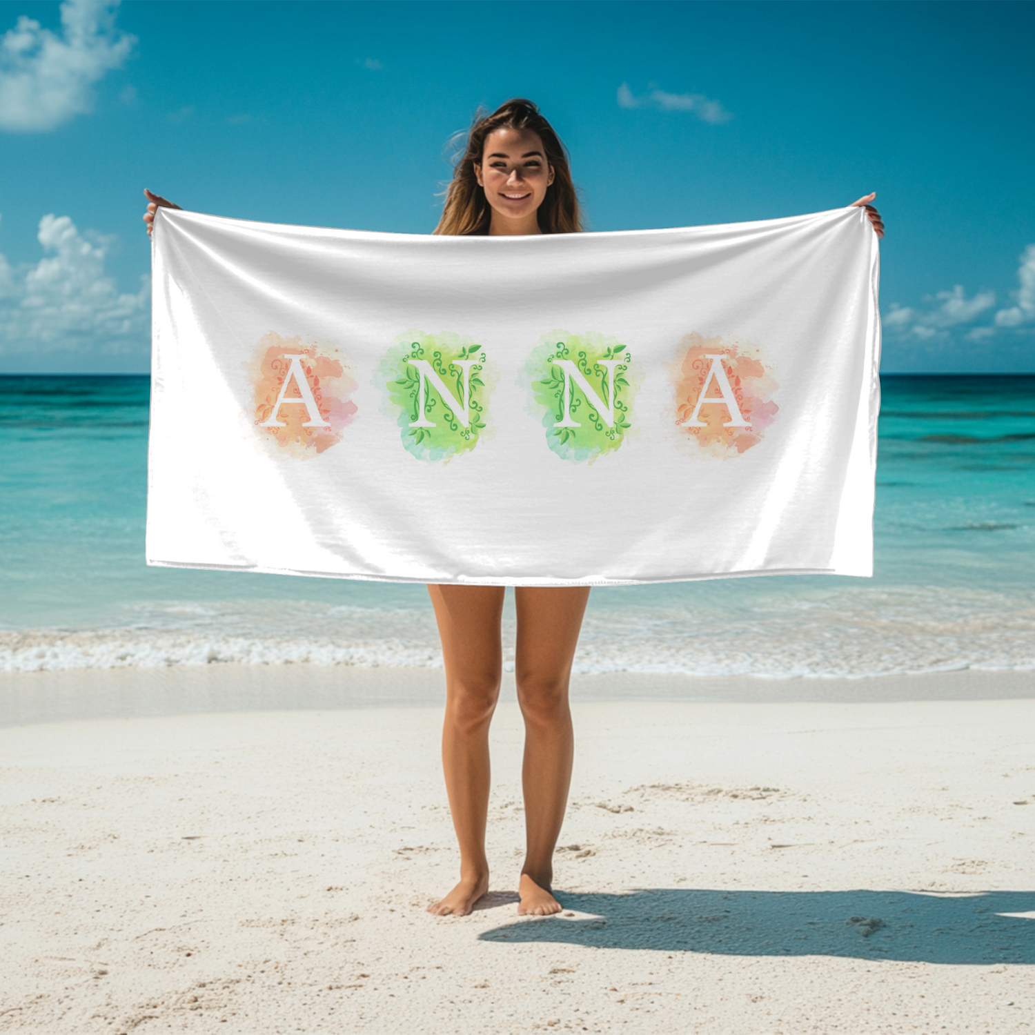 Personalised Watercolour Letters Font Coloured Absorbent Beach Bath Sheet Towel