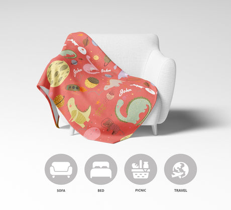 Personalised Custom Name Cartoon Baby Dinosaurs Soft Warm Fleece Blanket Decor