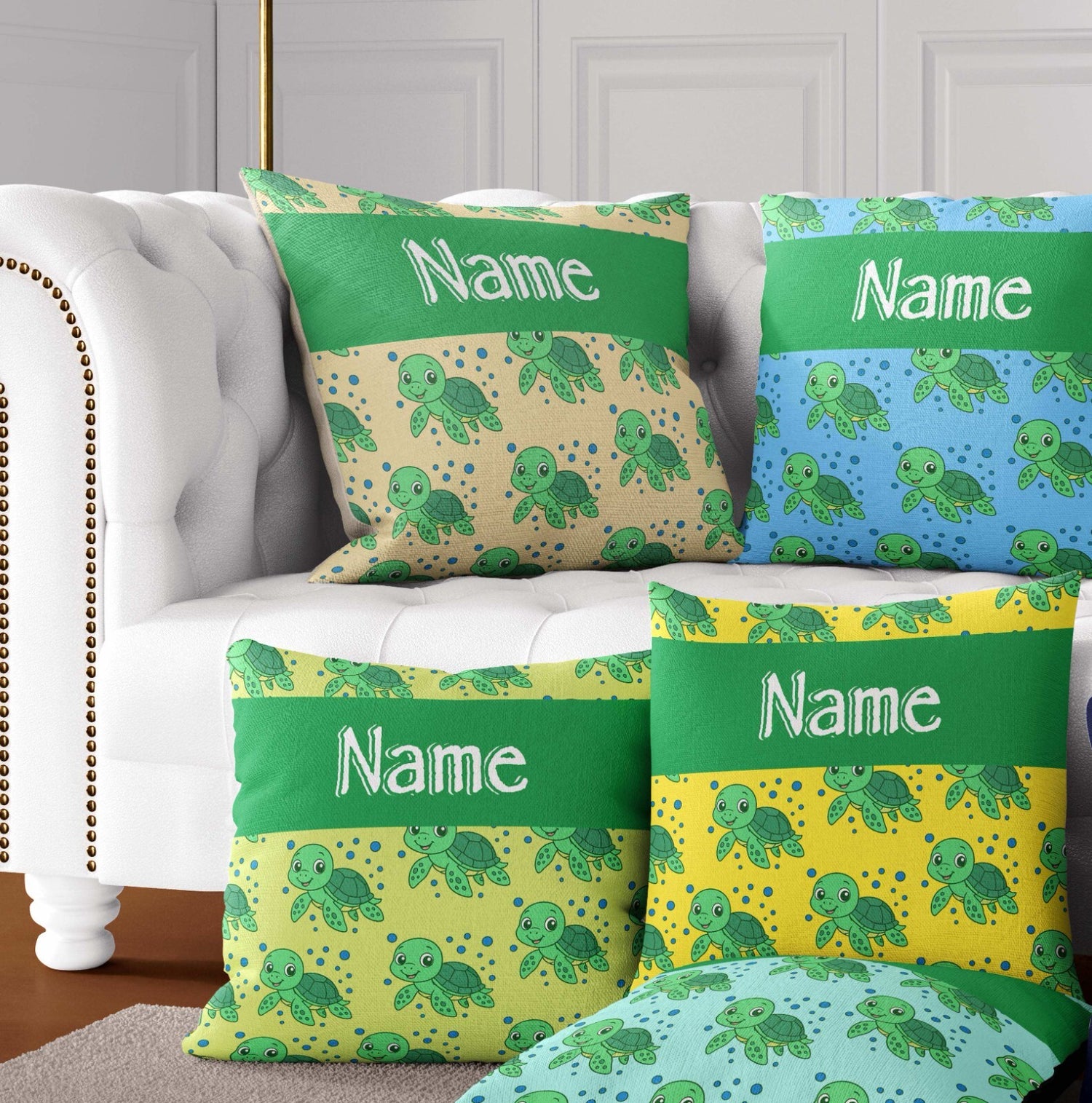 Personalised Custom Name Cartoon Baby Turtles Square Fill Zipped Cushion Throw
