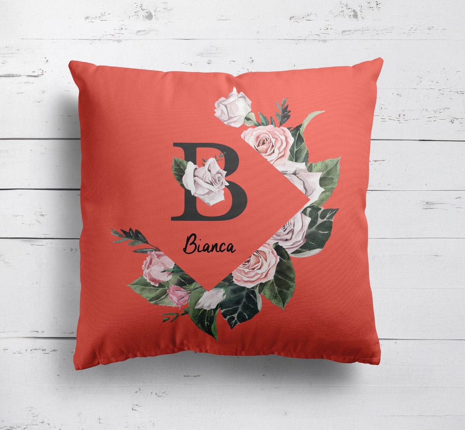 Personalised Name Botanical Floral Initial Letters Square Fill Zip Cushion Throw