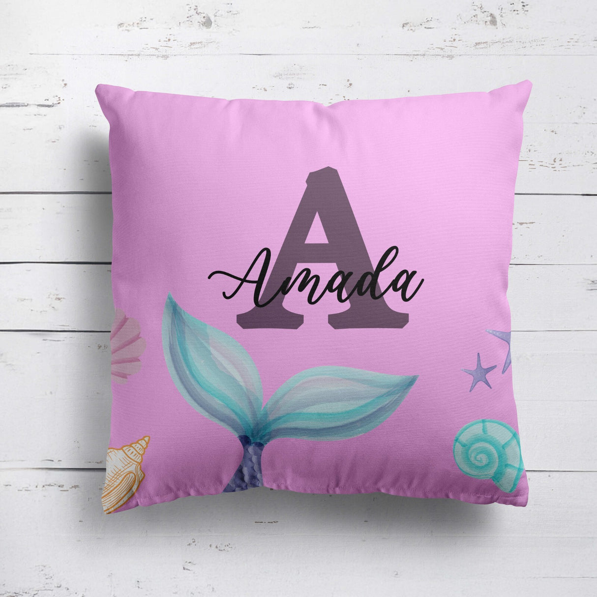 Personalised Name Colour Mermaid Tail Monogram Square Fill Zipped Cushion Throw
