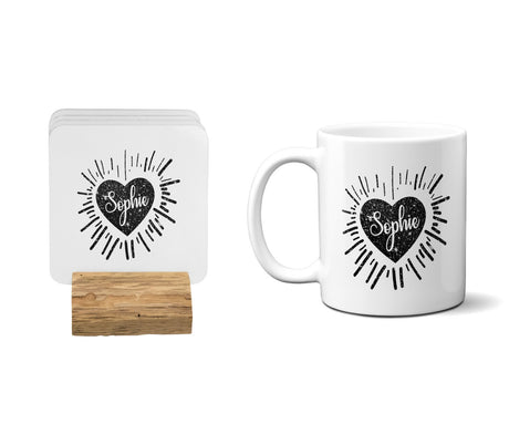 Personalised Name Love Heart Sparkles Coffee Tea Mug Gift 11oz Mug + Coaster