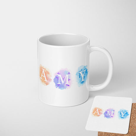 Personalised Name Watercolour Letters Kids Coffee Tea Mug Coaster Gift Him Her