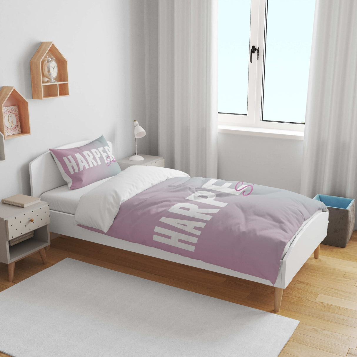 Personalised Name Gradient Two Tone Colour Kids Cot Bed Duvet Cover + Pillowcase