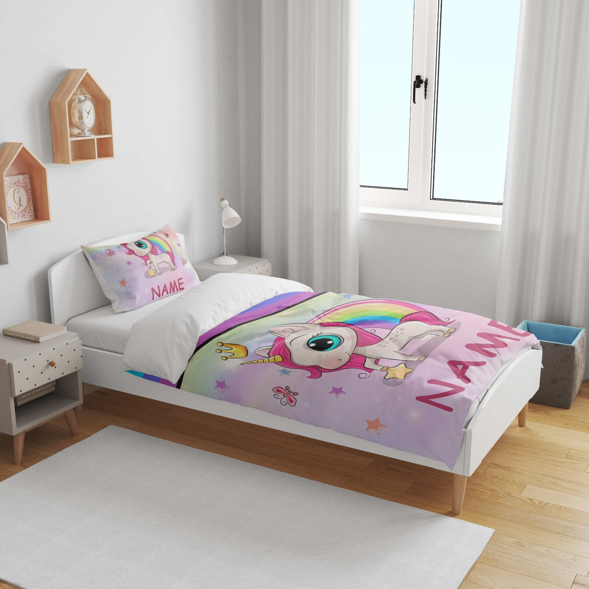 Personalised Name Unicorn Rainbow Mythical Kids Cot Bed Duvet Cover + Pillowcase
