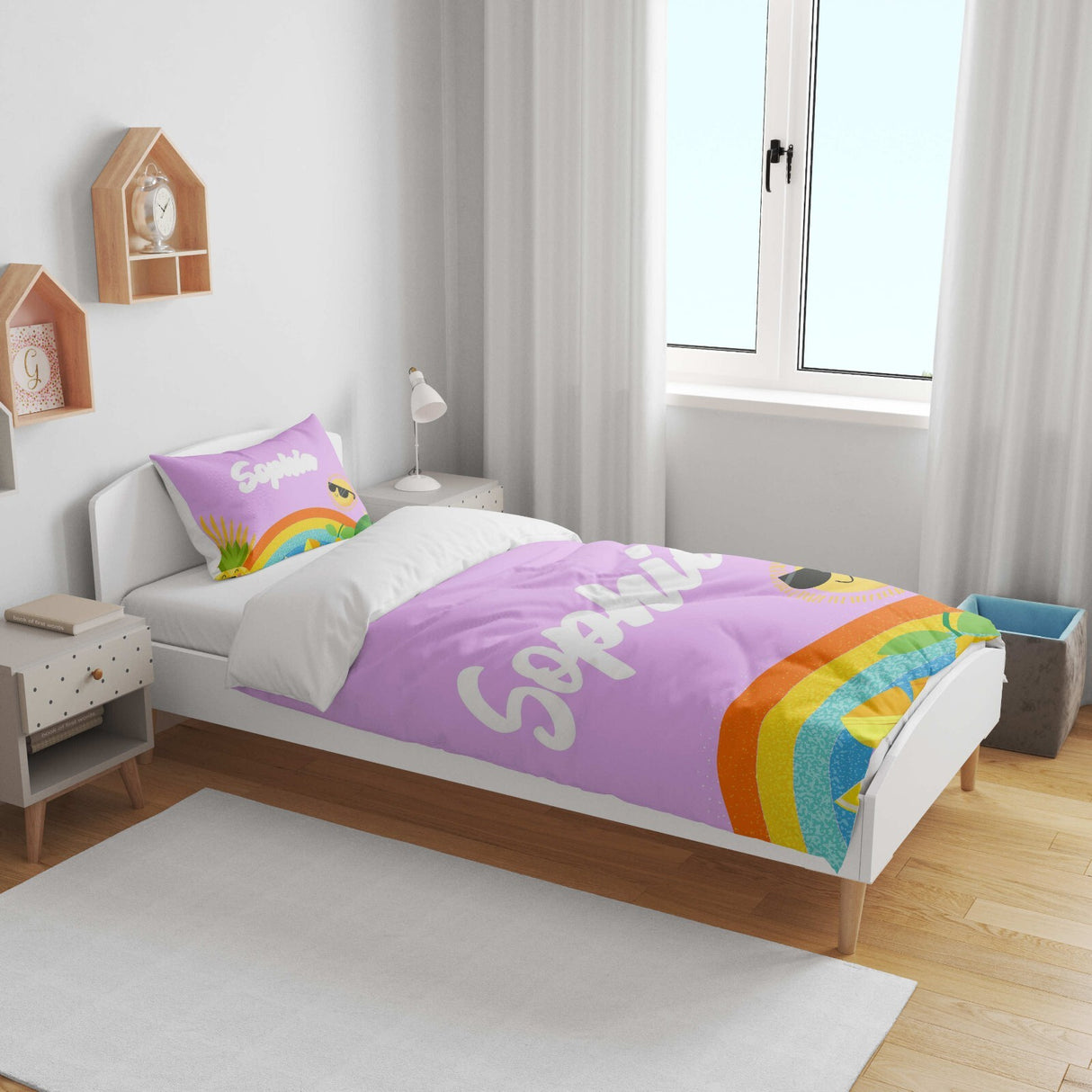 Personalised Custom Name + Colour Summer Kids Cot Bed Duvet Cover + Pillowcase