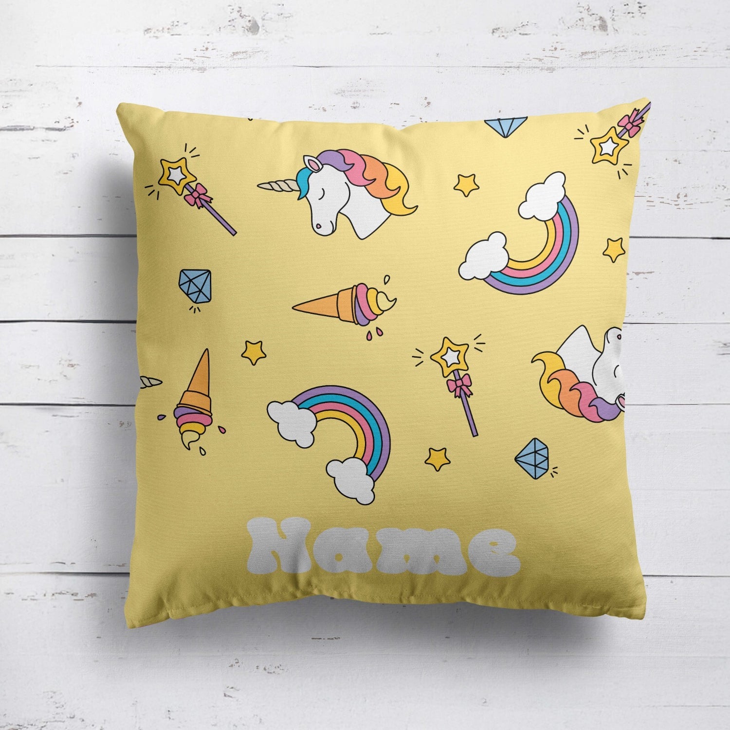 Personalised Custom Name Colour Unicorn Ice Cream Square Fill Zip Cushion Throw