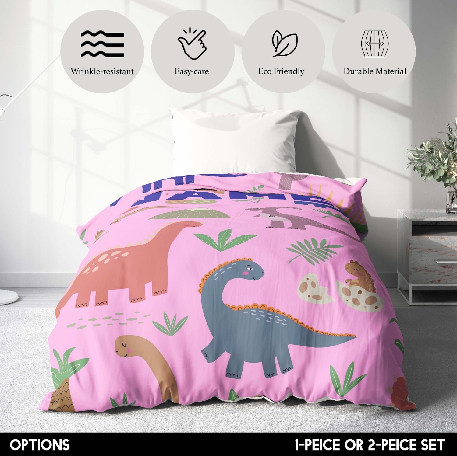 Personalised Custom Name Dinosaurs Clip Art Single Bed Duvet Cover + Pillowcase