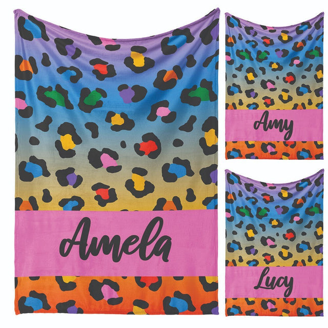 Personalised Name Leopard Spots Print Multicolour Soft Warm Fleece Blanket Decor