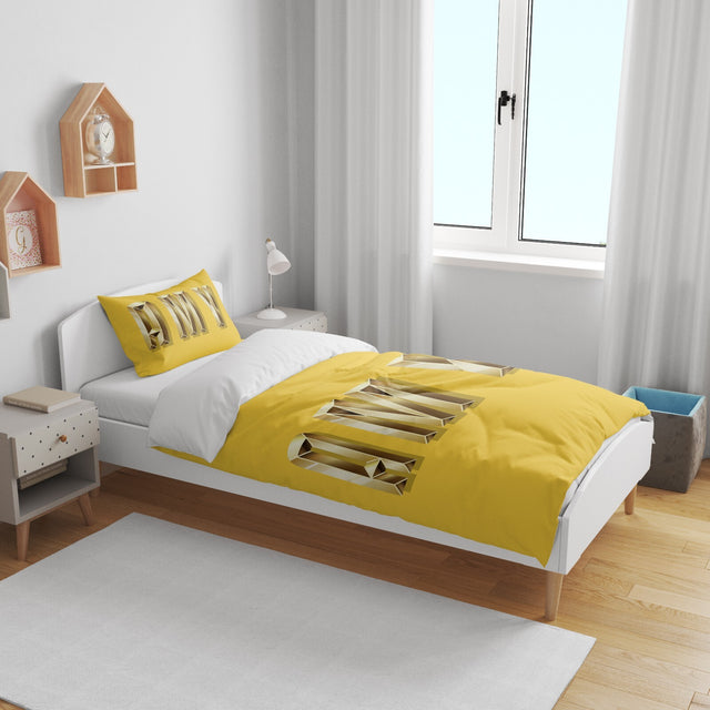 Personalised Name Gold Brick Letters Font Kids Cot Bed Duvet Cover + Pillowcase