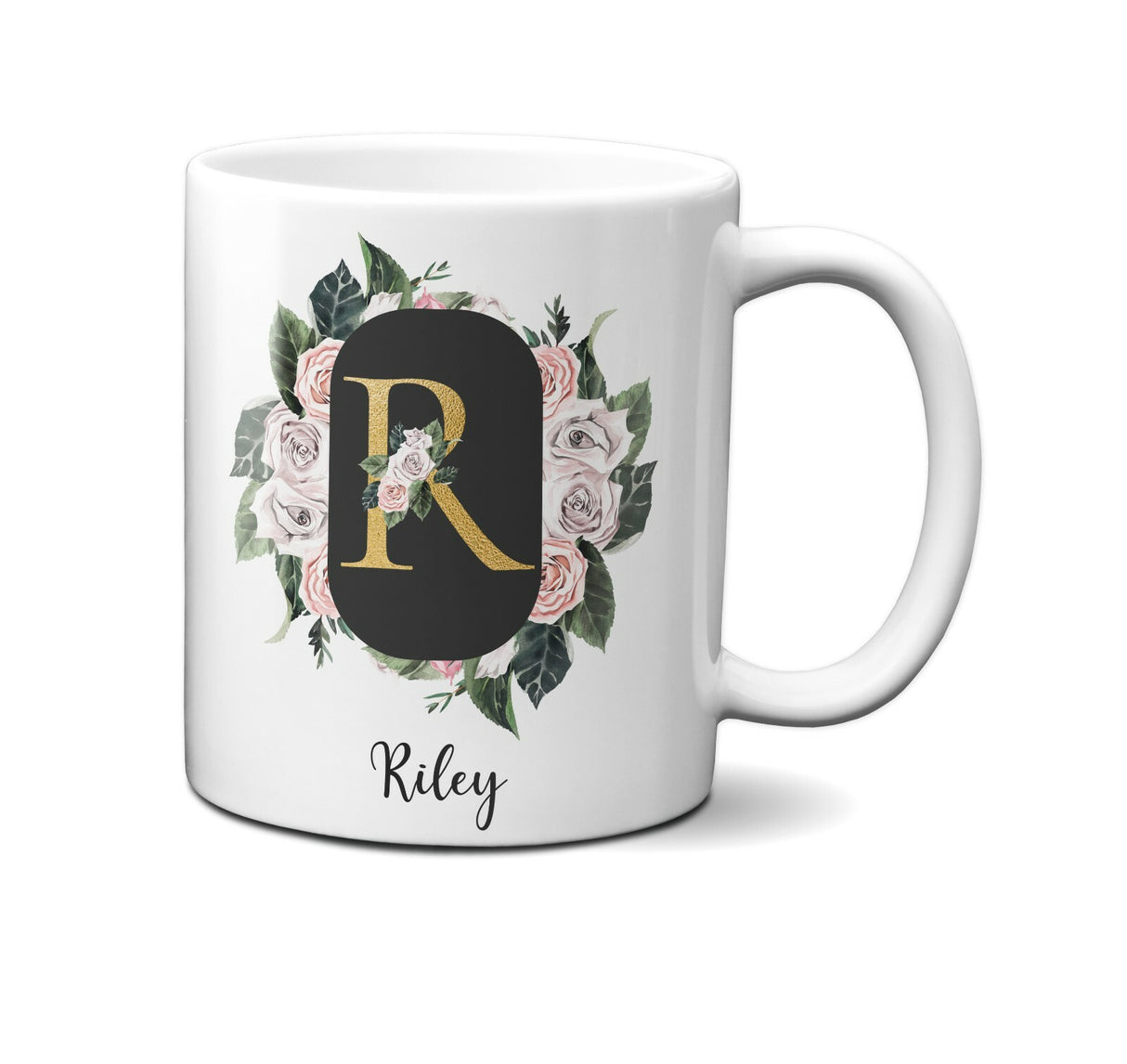 Personalised Floral Frame Gold Floral Name Initial Letter Mug Gift 11oz Ceramic